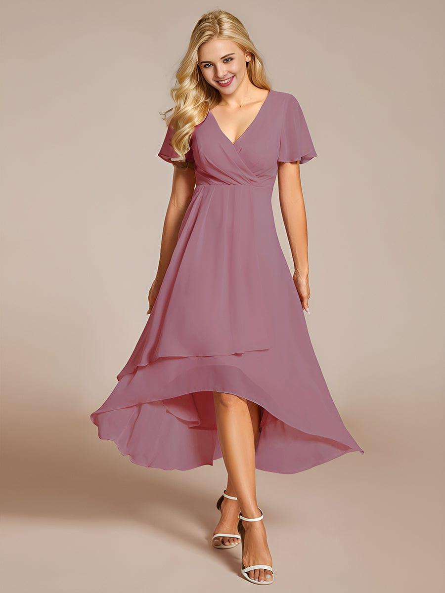 V-Neck Flutter Sleeve Chiffon High Low Midi Dress Wedding Guest