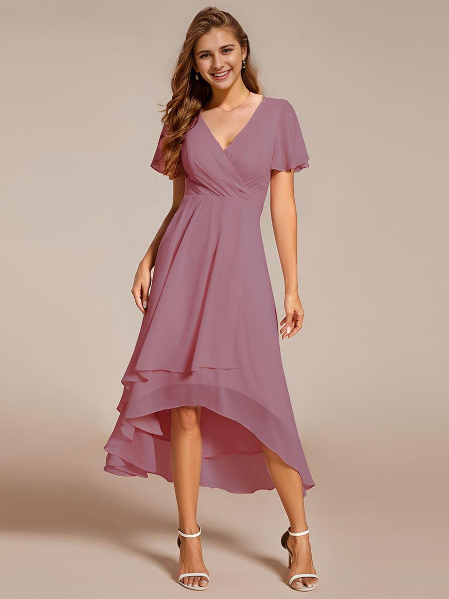 V-Neck Flutter Sleeve Chiffon High Low Midi Dress Wedding Guest