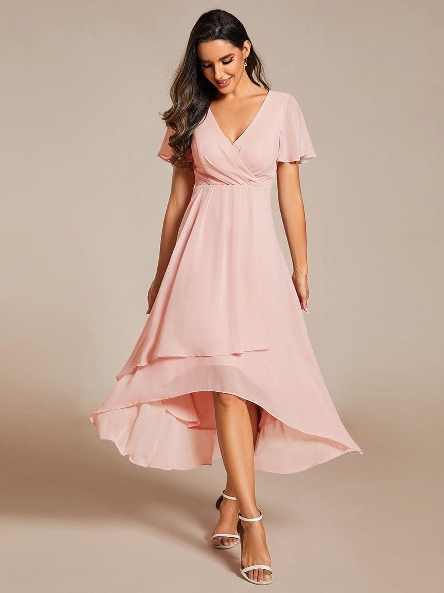 V-Neck Flutter Sleeve Chiffon High Low Midi Dress Wedding Guest 35