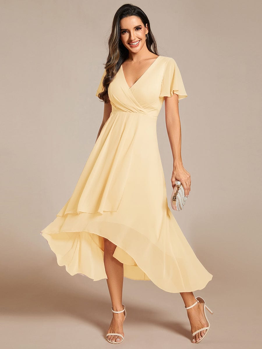 V-Neck Flutter Sleeve Chiffon High Low Midi Dress Wedding Guest