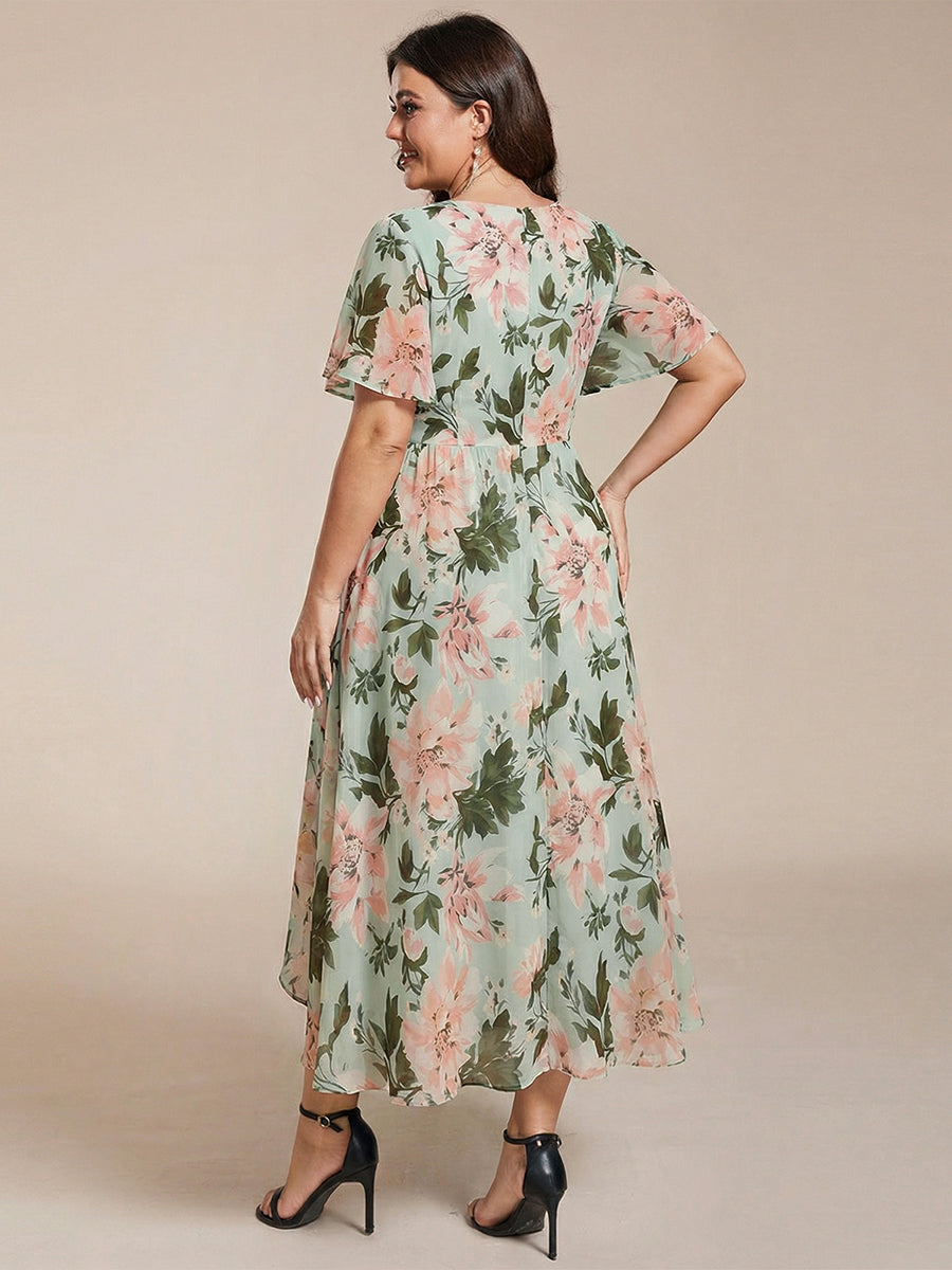 V-Neck Flutter Sleeve Chiffon High Low Midi Dress Wedding Guest