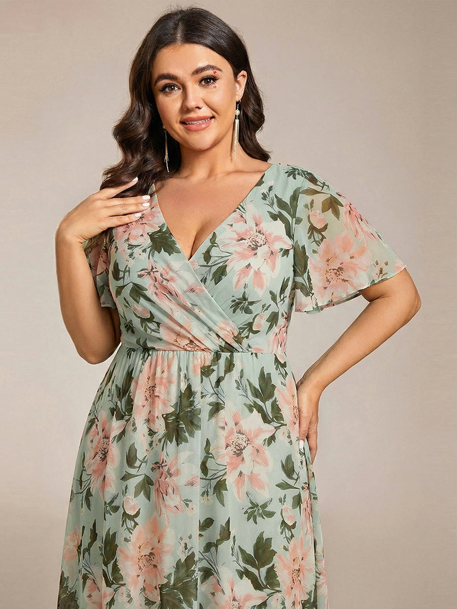 V-Neck Flutter Sleeve Chiffon High Low Midi Dress Wedding Guest