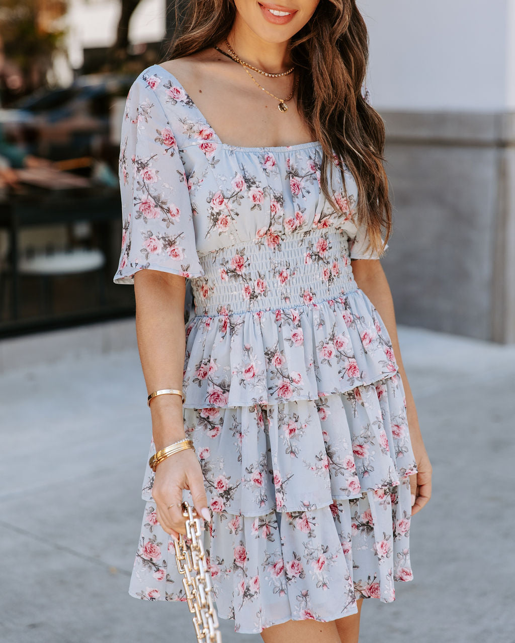 Brianna Floral Ruffle Tiered Dress Light Blue