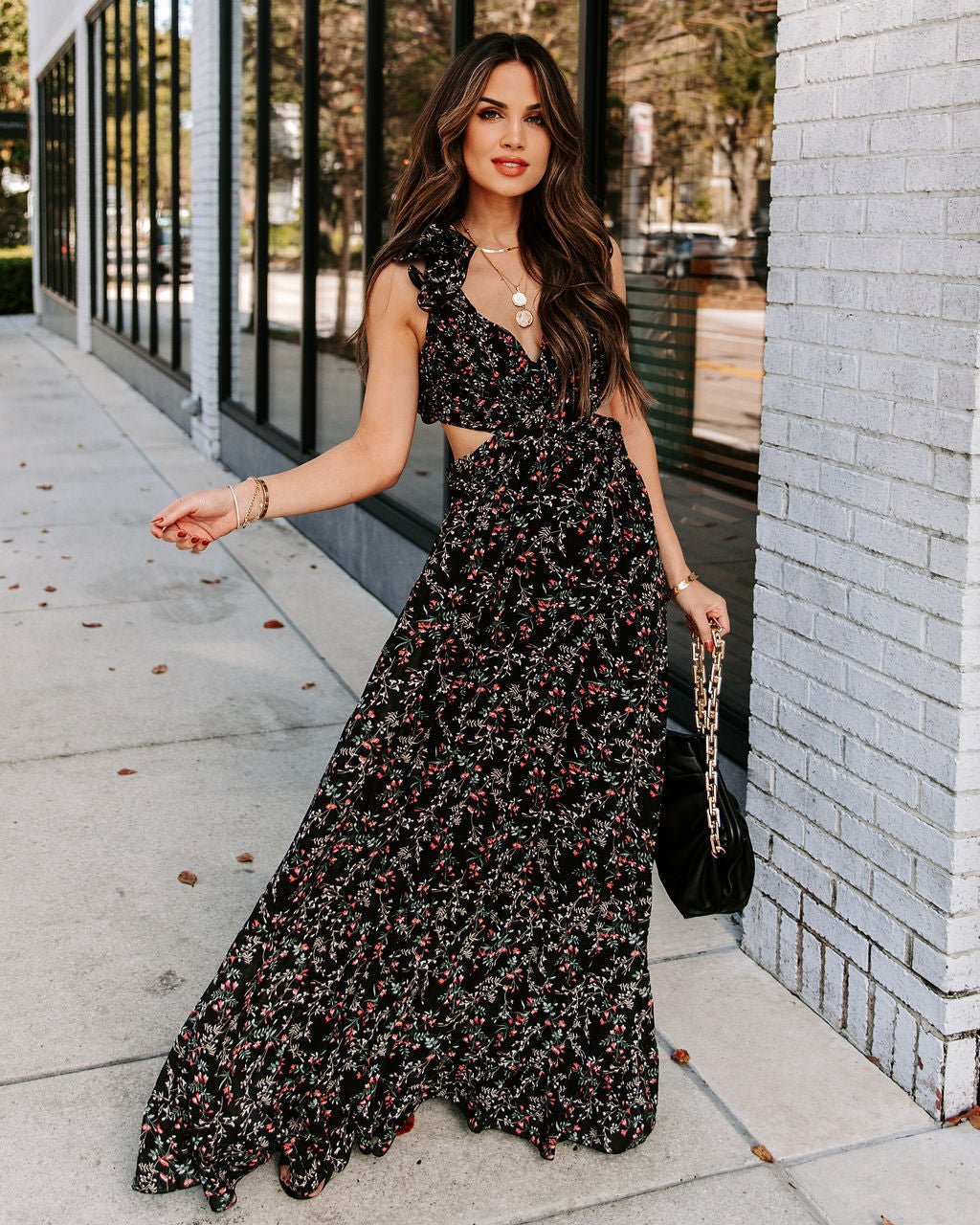 Charlotta Floral Ruffle Cutout Maxi Dress - Black - FINAL SALE