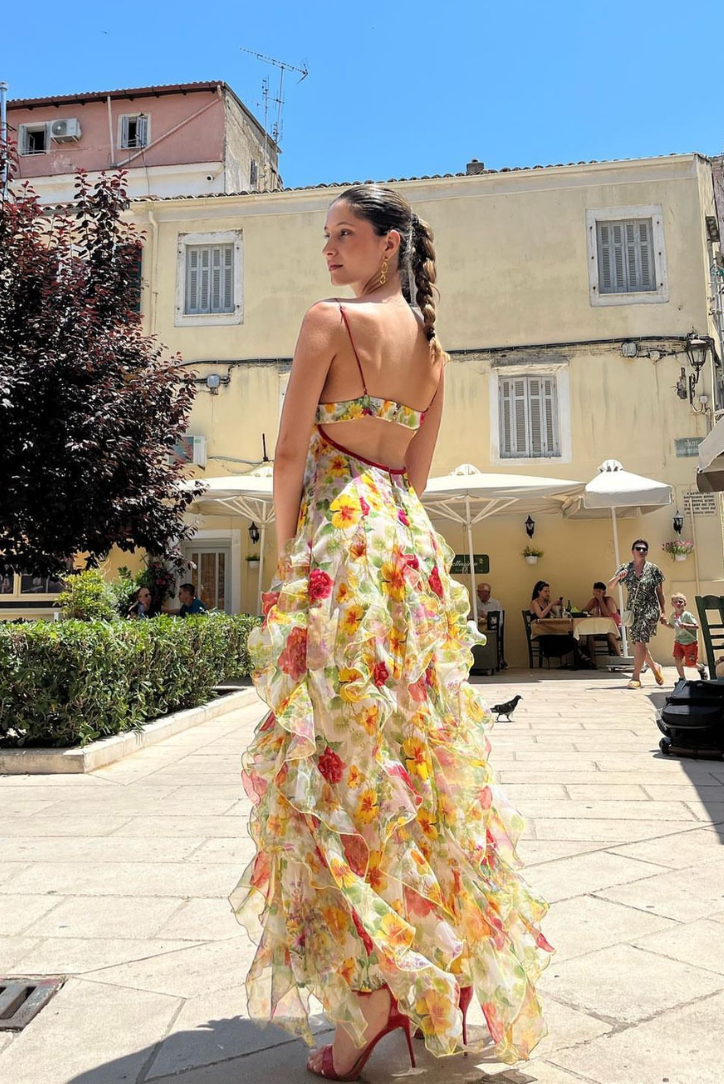 Floral Chiffon Spaghetti Strap Cut Out Back Tiered Ruffle Maxi Dress