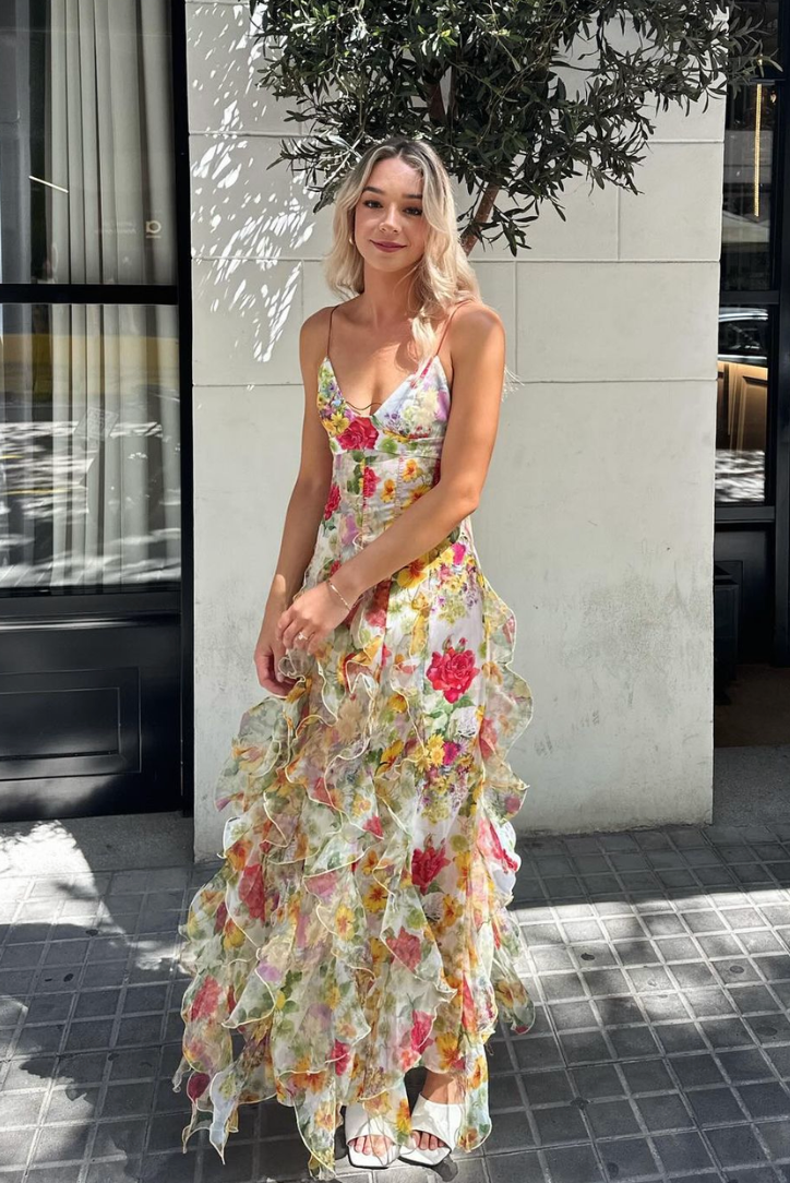Oceana Chiffon Rose Print Slit Maxi Dress
