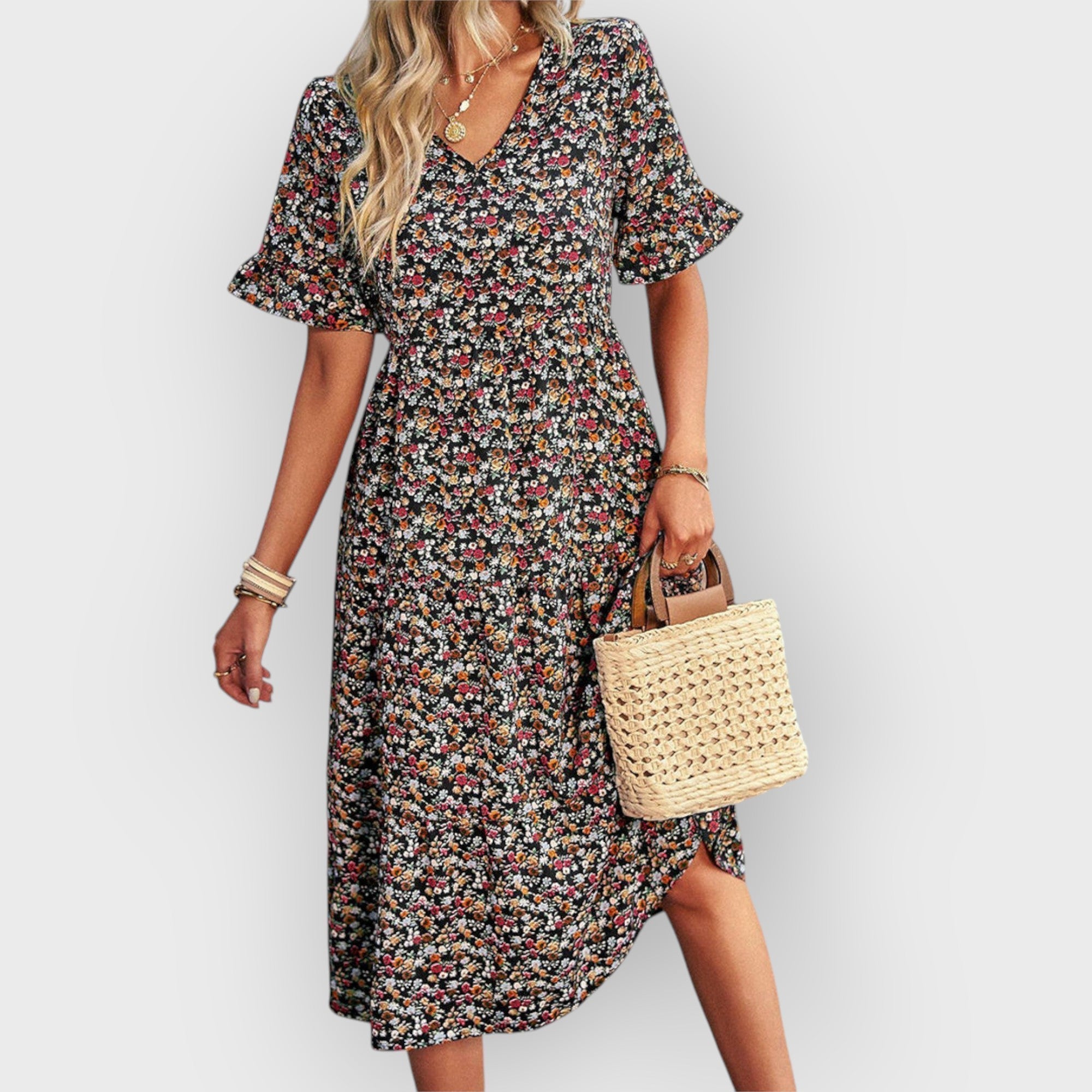 Amara | Floral Summer Midi Dress Black
