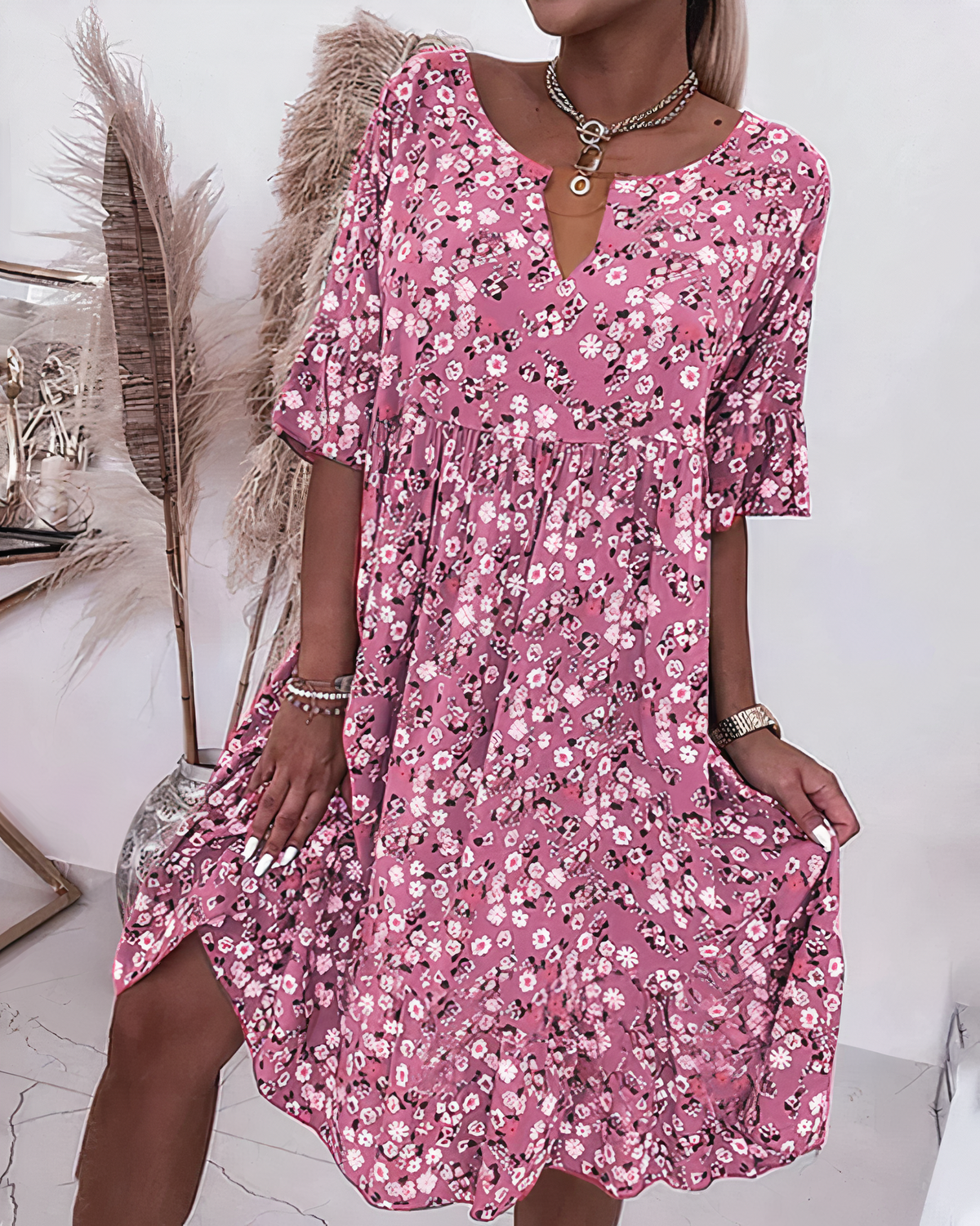 Floral Print V-Neck Flutter Sleeve Tiered Babydoll Mini Dress