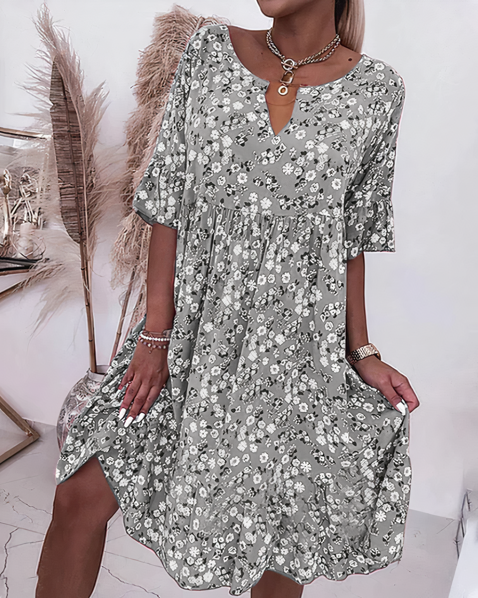 Floral Print V-Neck Flutter Sleeve Tiered Babydoll Mini Dress