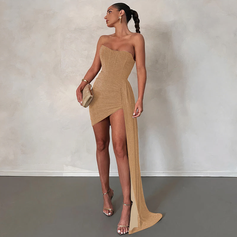Glitter Strapless Corset Ruched Wrap Mini Cocktail Dress