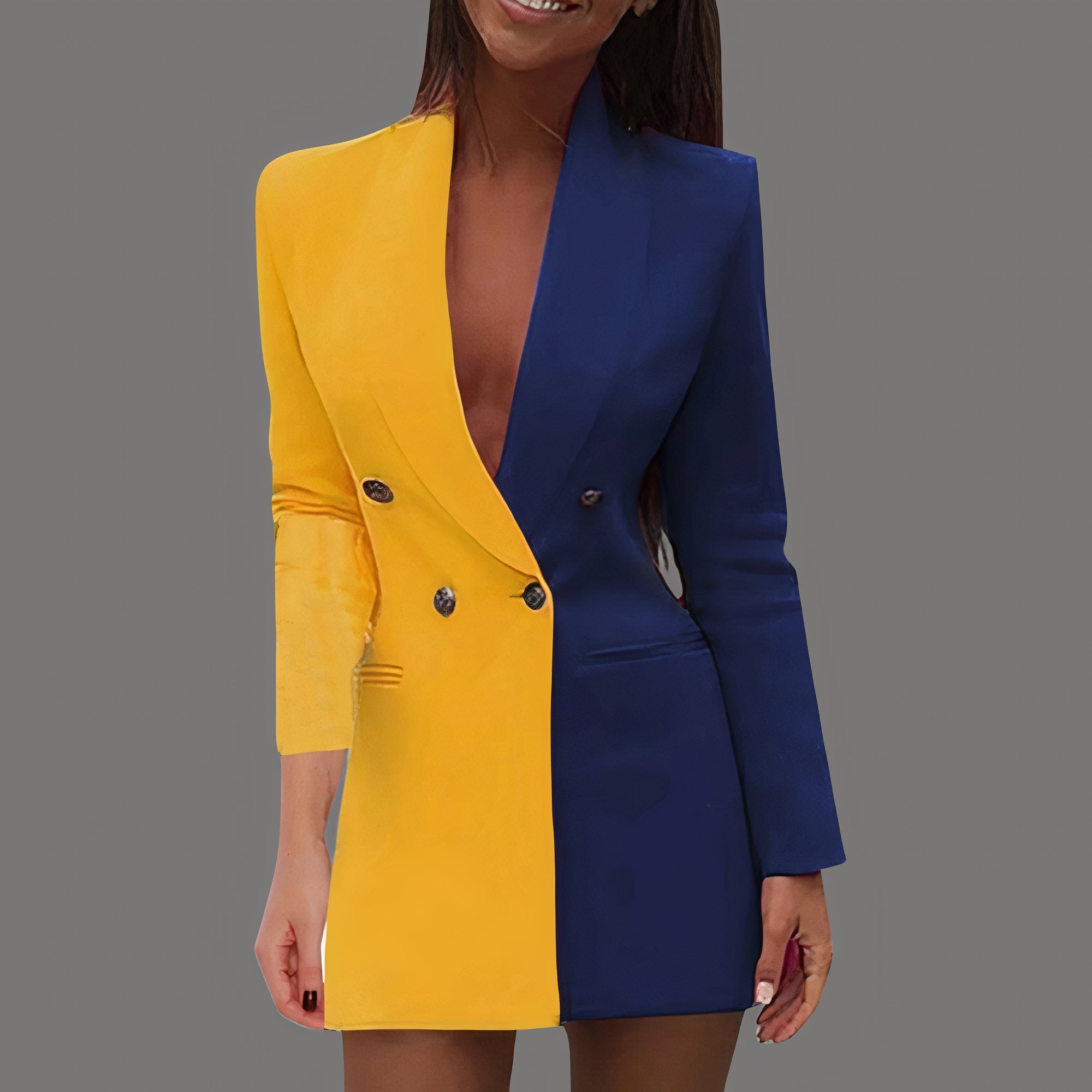 Two Tone Split Double Breasted Notched Lapel Long Sleeve Blazer Mini Dress
