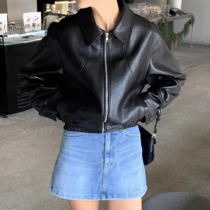 Chic Red Zipper PU Leather Coat