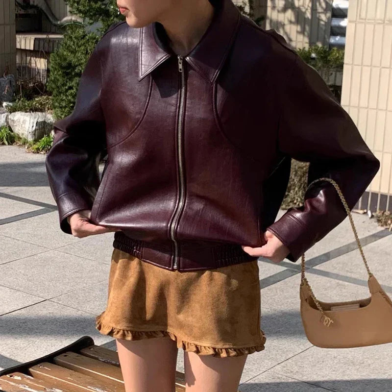 Faux Leather Collared Zip Front Elastic Hem Bomber Jacket