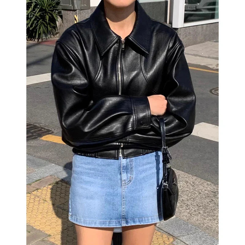 Faux Leather Collared Zip Front Elastic Hem Bomber Jacket 2