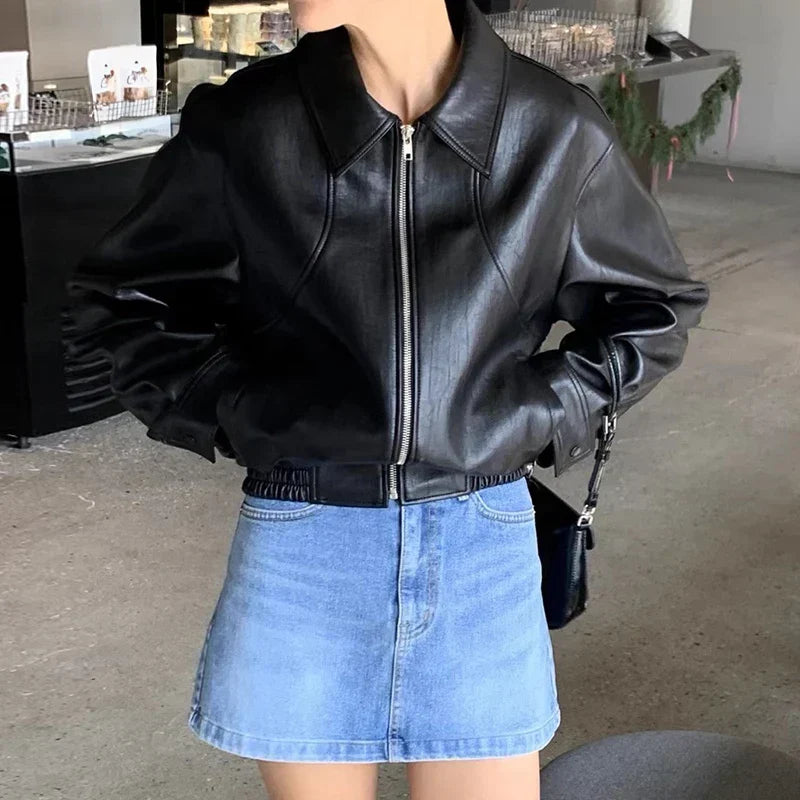 Faux Leather Collared Zip Front Elastic Hem Bomber Jacket 4