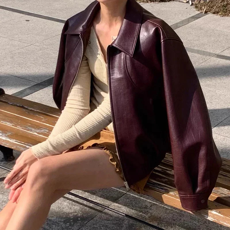 Faux Leather Collared Zip Front Elastic Hem Bomber Jacket 3