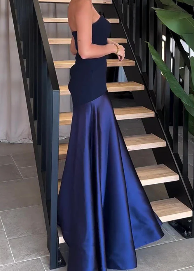 Sexy Strapless Navy Blue Long Prom Dress Formal A Line Evening Dress cc1516