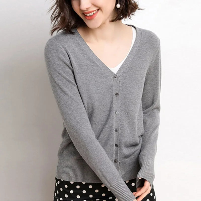 Elegant Thin Comfortable Cozy Stylish Solid Color V-Neck Long Sleeve Knitted Sweater