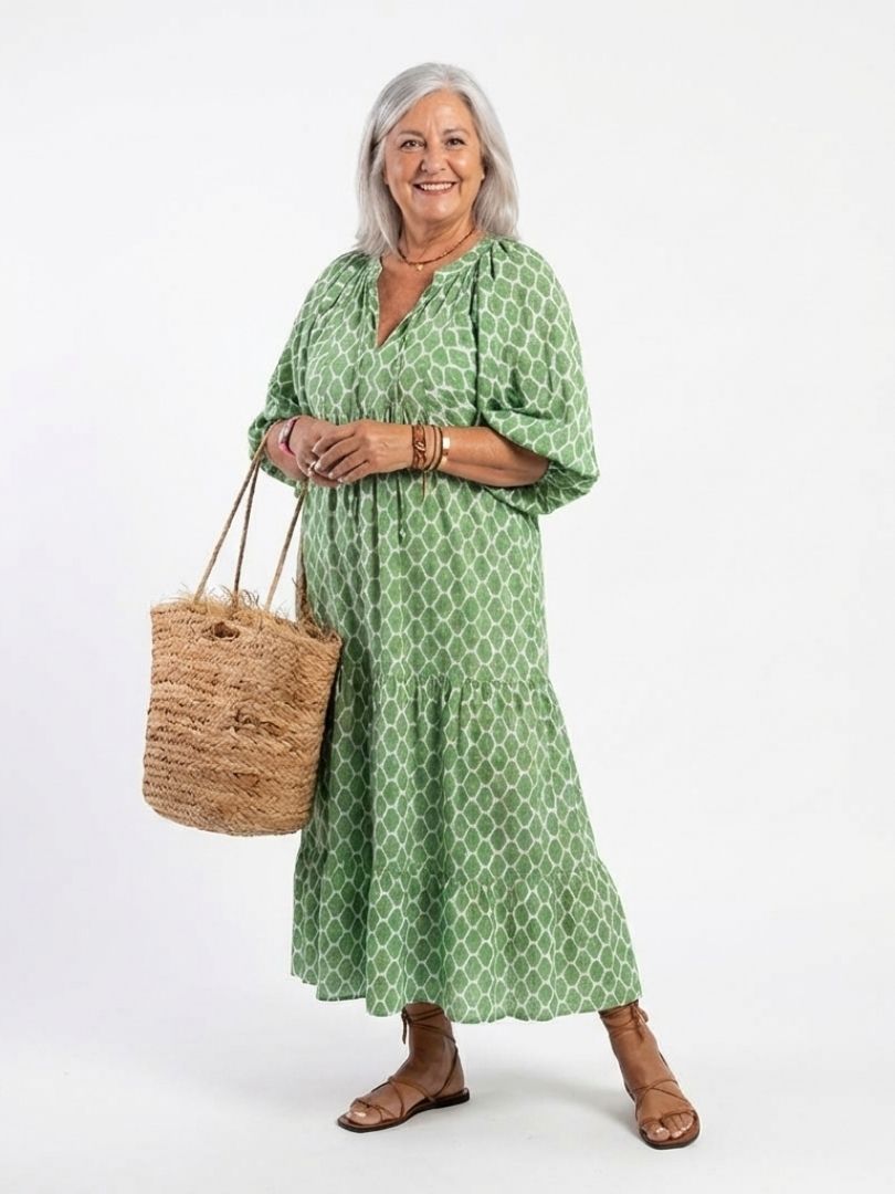 Lattice Print V-Neck Puff Sleeve Tiered Maxi Dress