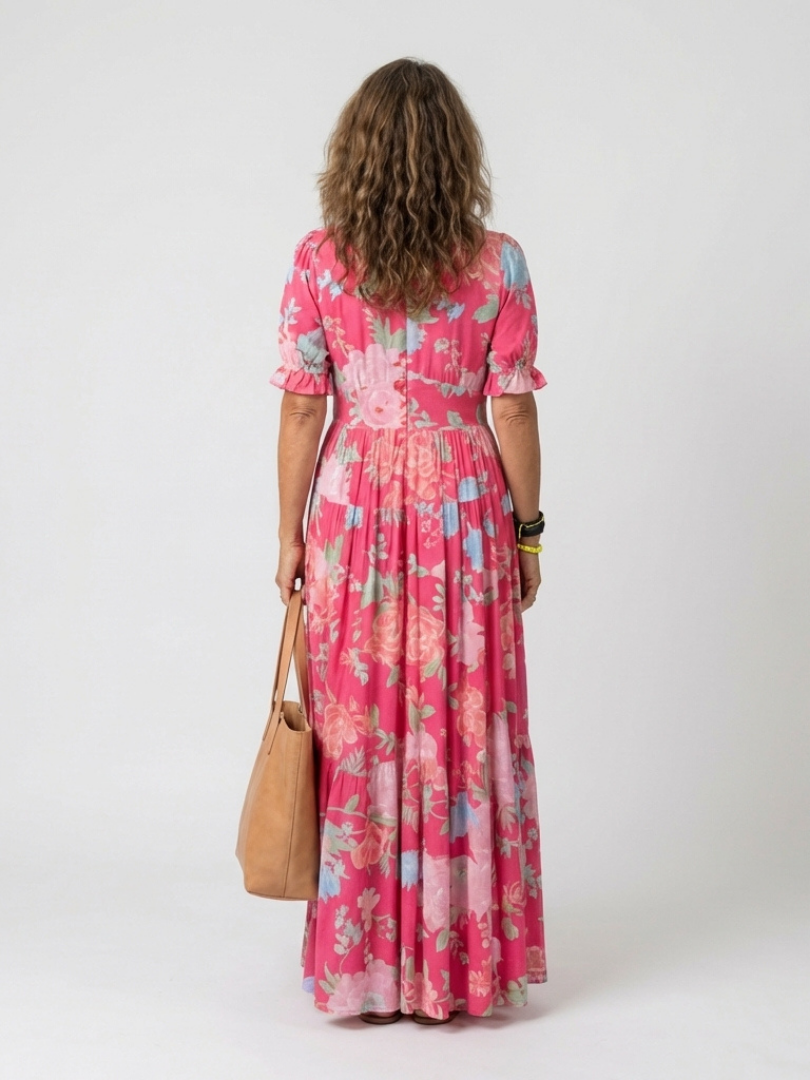 Floral Deep V-Neck Puff Sleeve Tiered Maxi Dress