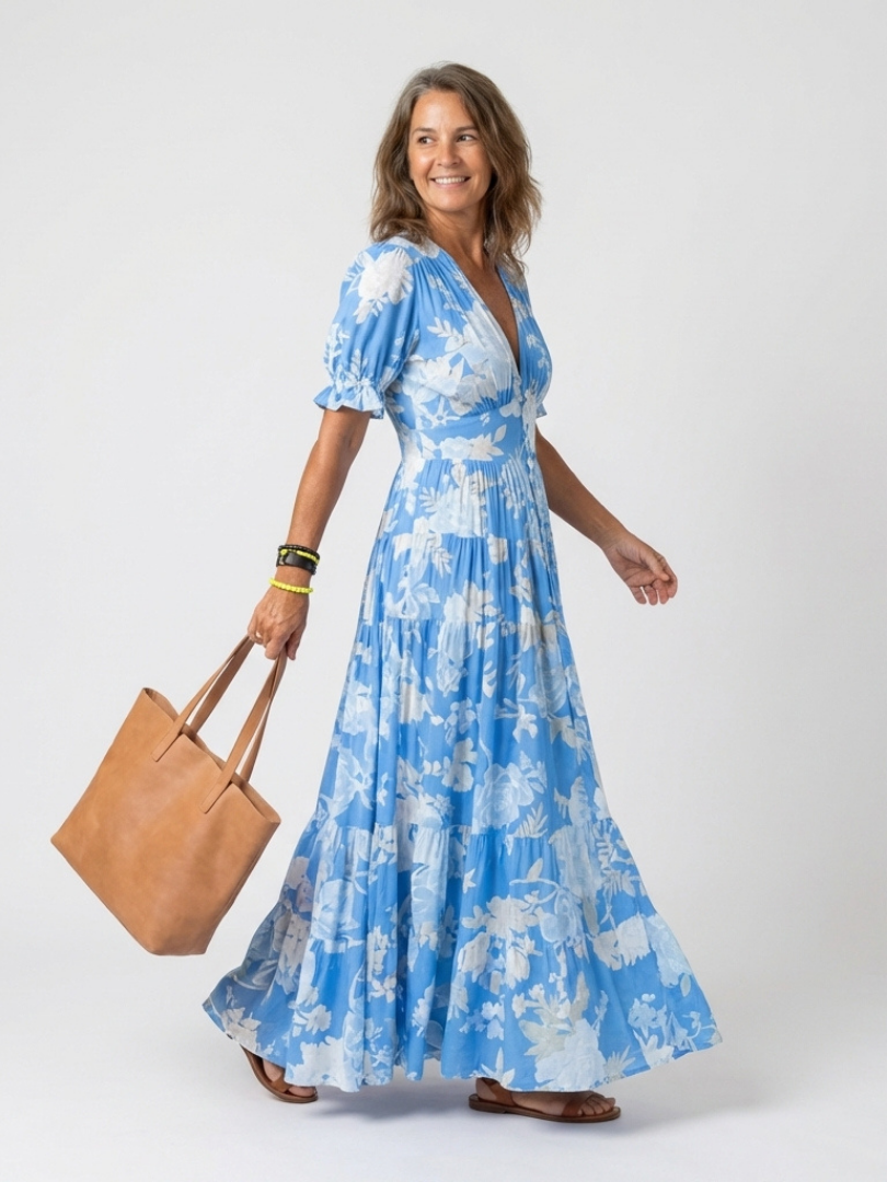 Floral Deep V-Neck Puff Sleeve Tiered Maxi Dress
