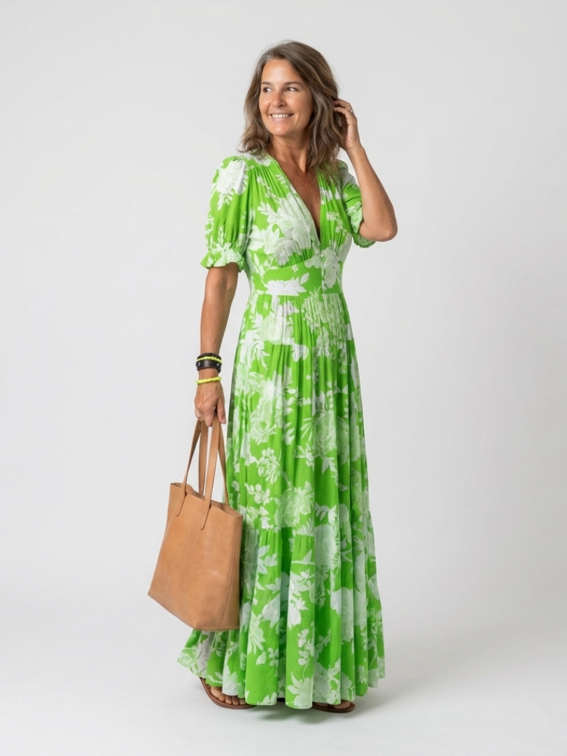 Floral Deep V-Neck Puff Sleeve Tiered Maxi Dress