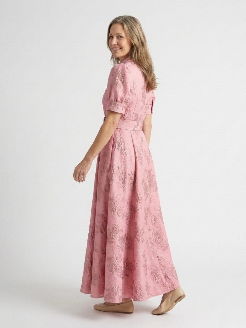 Floral Textured Collared Short Puff Sleeve Belted Maxi Shirt Dress