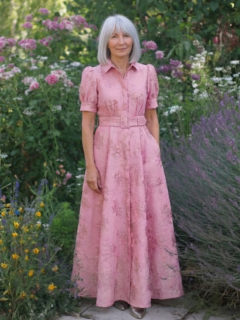 Floral Textured Collared Short Puff Sleeve Belted Maxi Shirt Dress