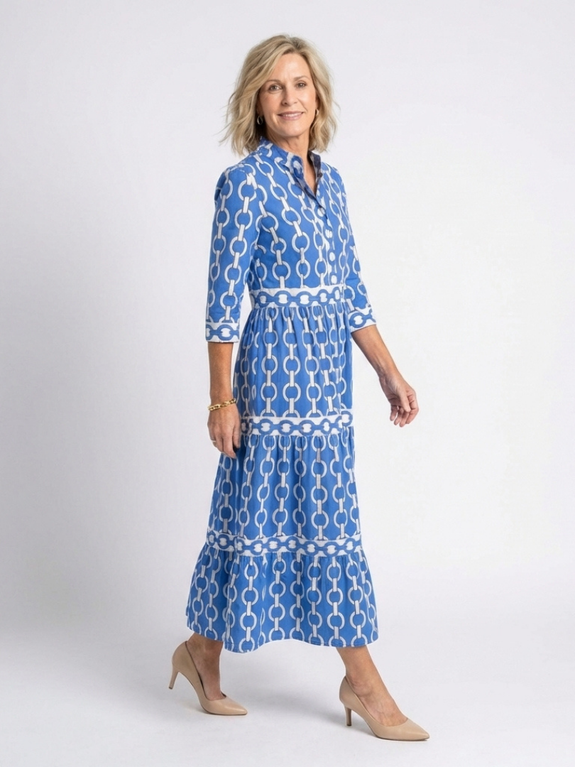 Ysolde - Chain Pattern Midi Dress with 3/4 Sleeves