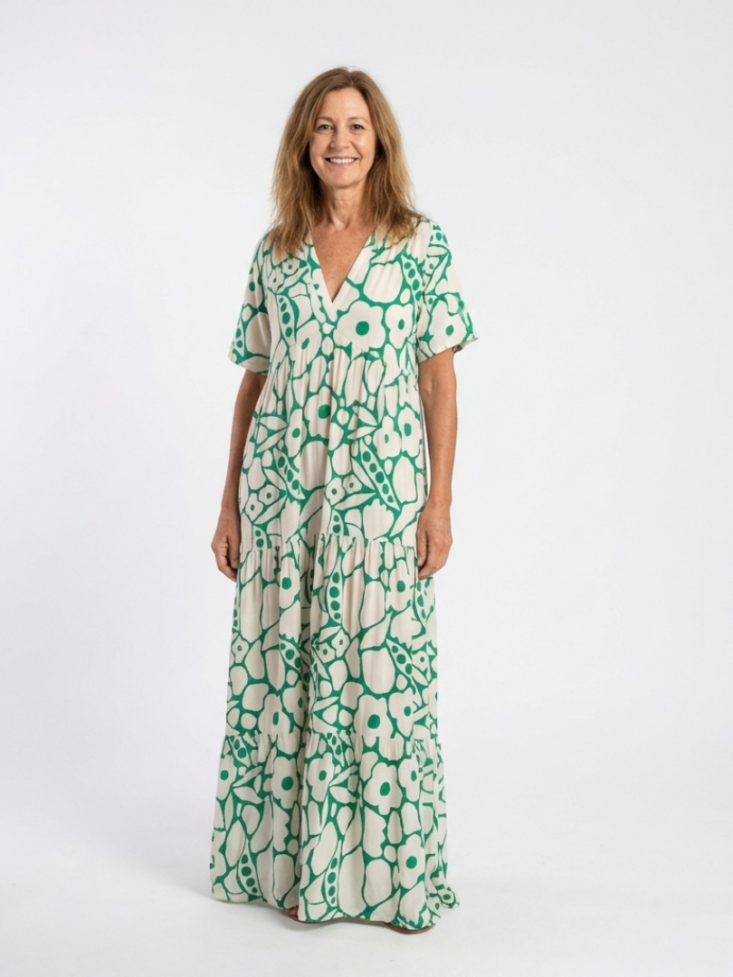 Floral Print V-Neck Short Sleeve Tiered Maxi Dress