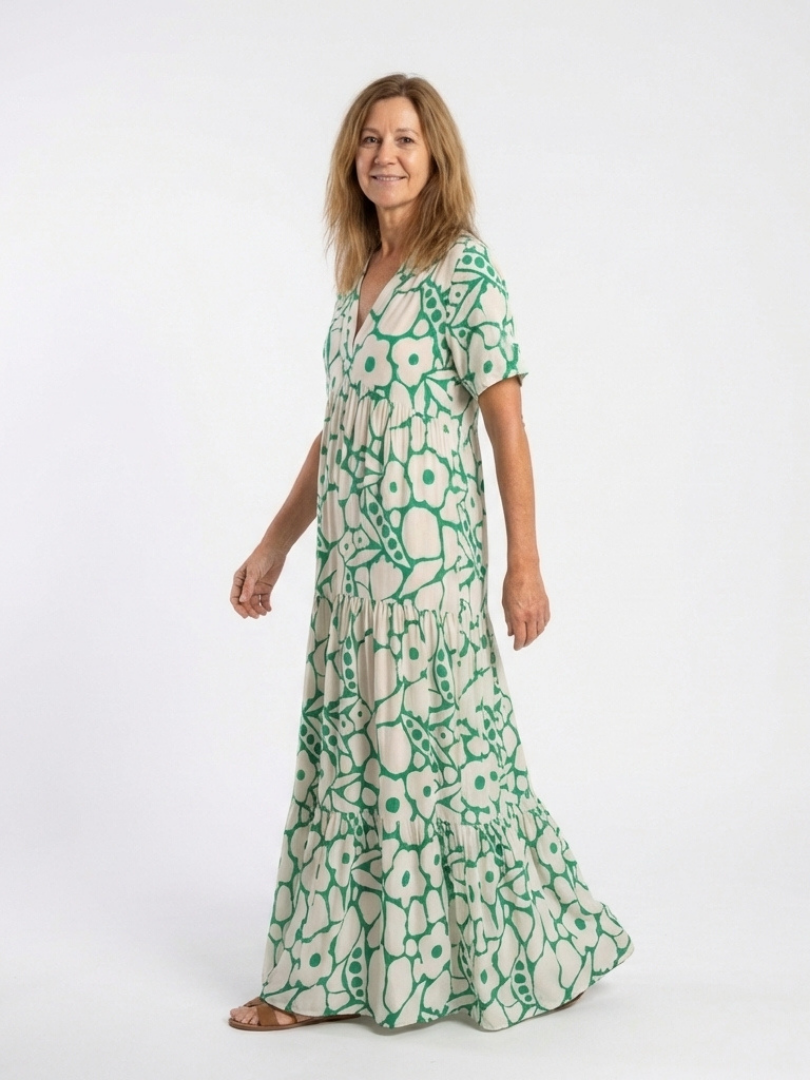 Floral Print V-Neck Short Sleeve Tiered Maxi Dress
