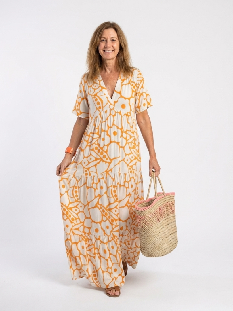 Floral Print V-Neck Short Sleeve Tiered Maxi Dress