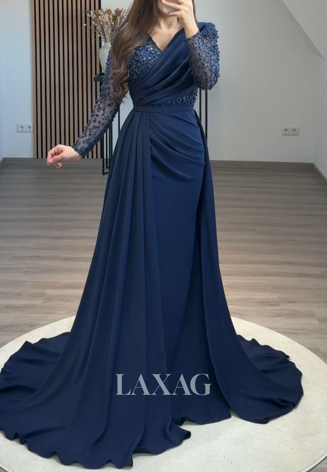 V-Neck Long Sleeves Mermaid Prom Dress Beaded Pleated Chiffon Formal Fowns with Overskirt
