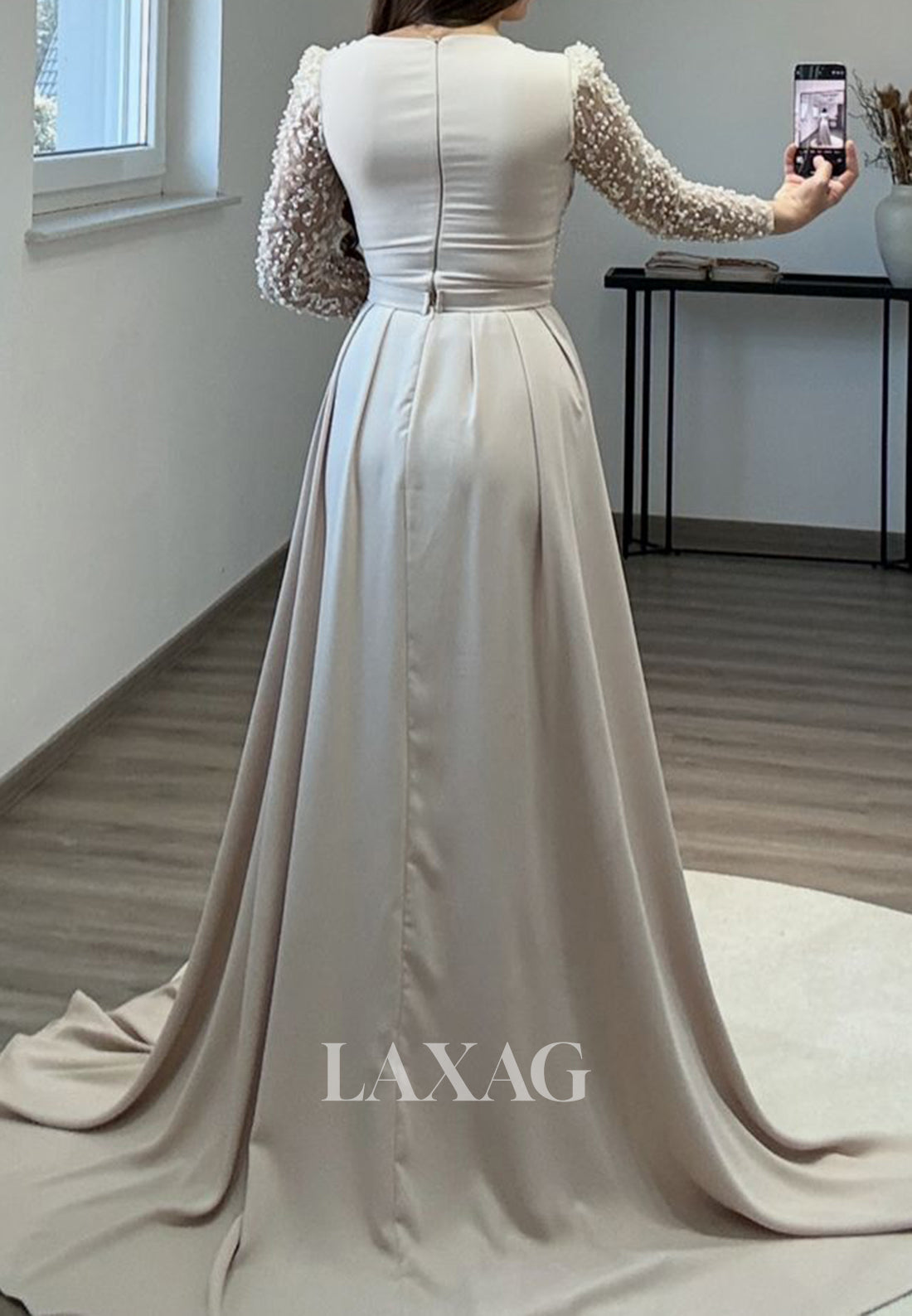 V-Neck Long Sleeves Mermaid Prom Dress Beaded Pleated Chiffon Formal Fowns with Overskirt