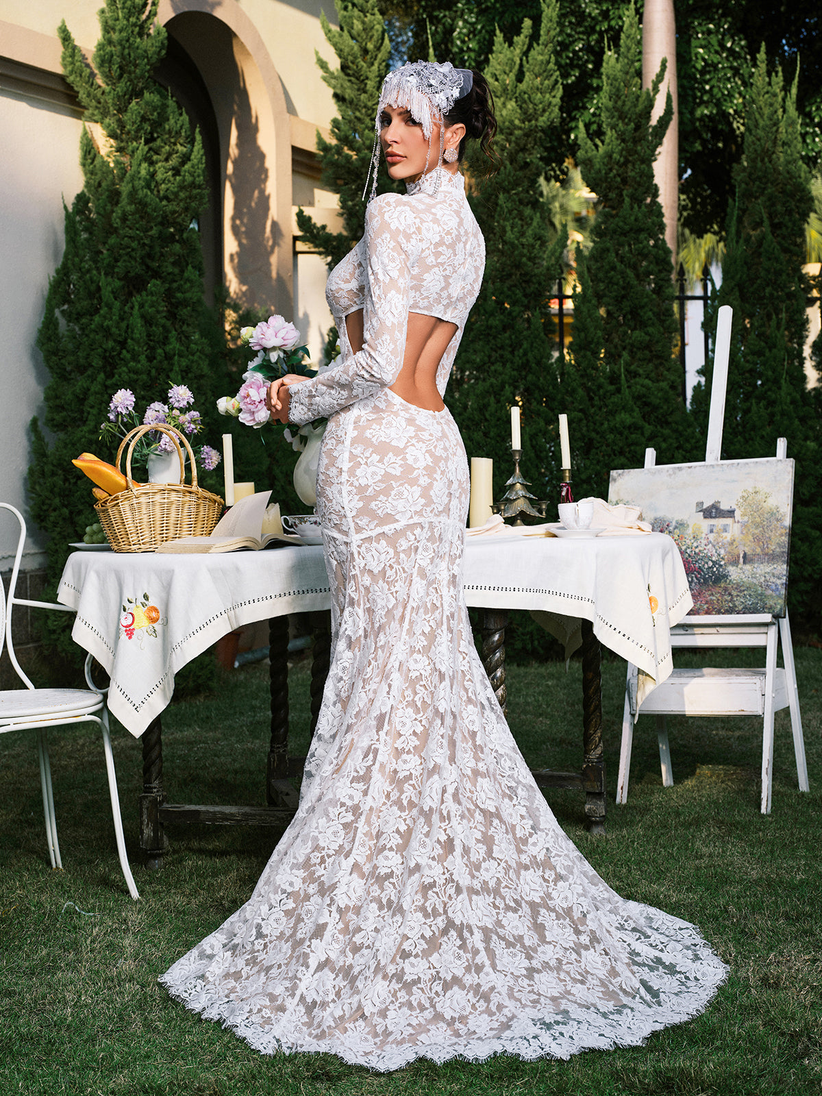 Floral Lace Long Sleeve Cut Out Mermaid Maxi Gown