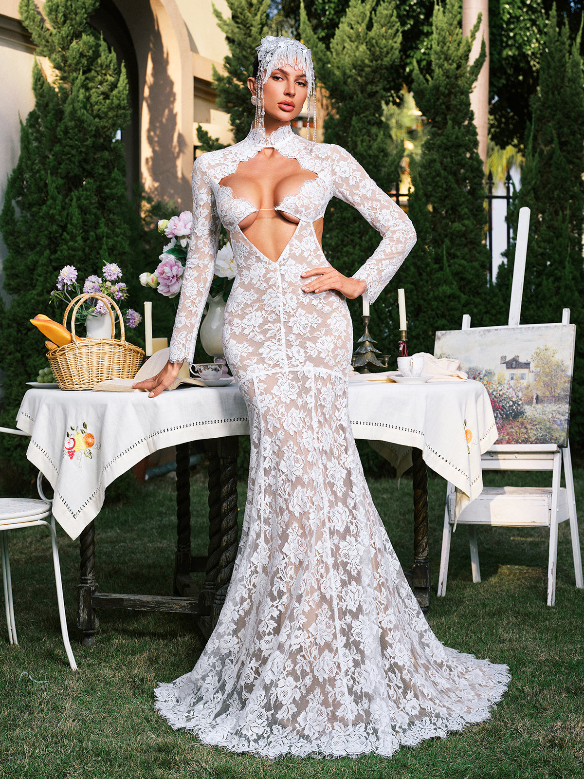 Floral Lace Long Sleeve Cut Out Mermaid Maxi Gown