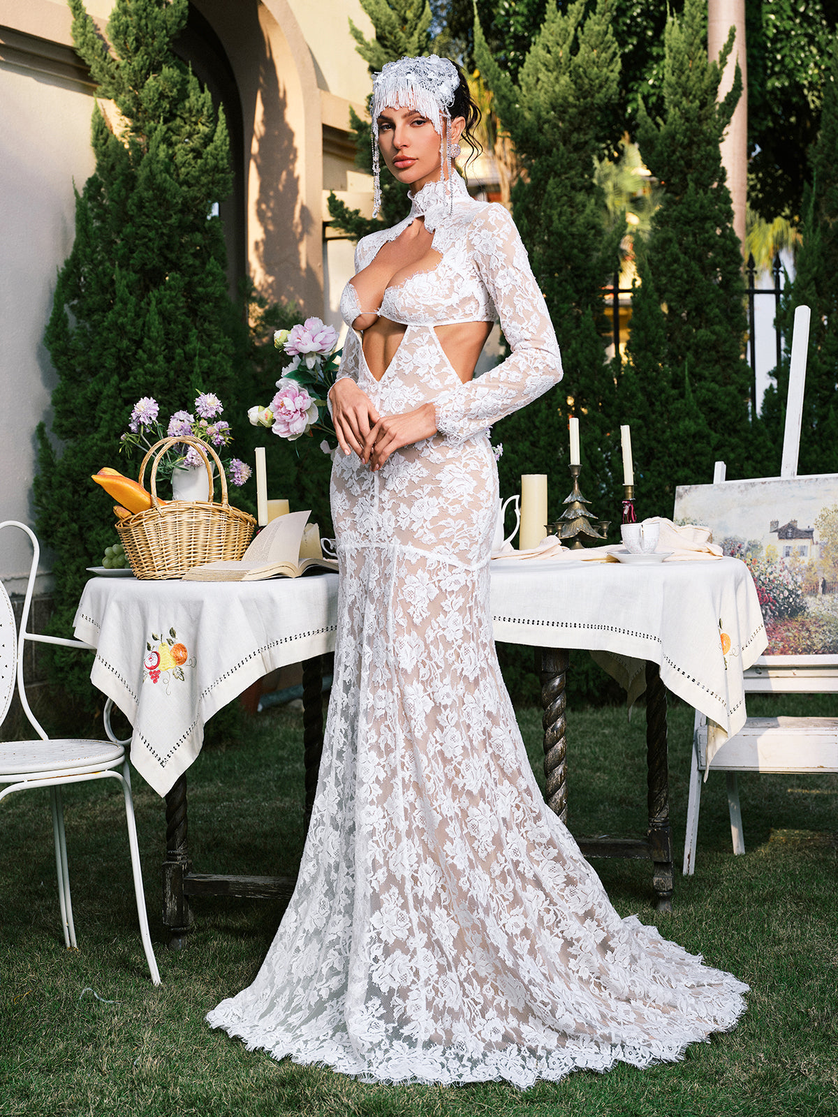 Floral Lace Long Sleeve Cut Out Mermaid Maxi Gown