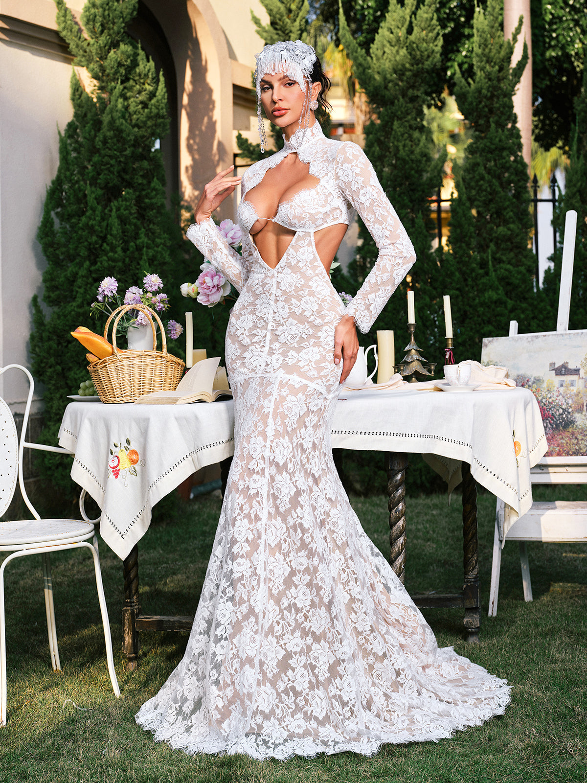 Floral Lace Long Sleeve Cut Out Mermaid Maxi Gown