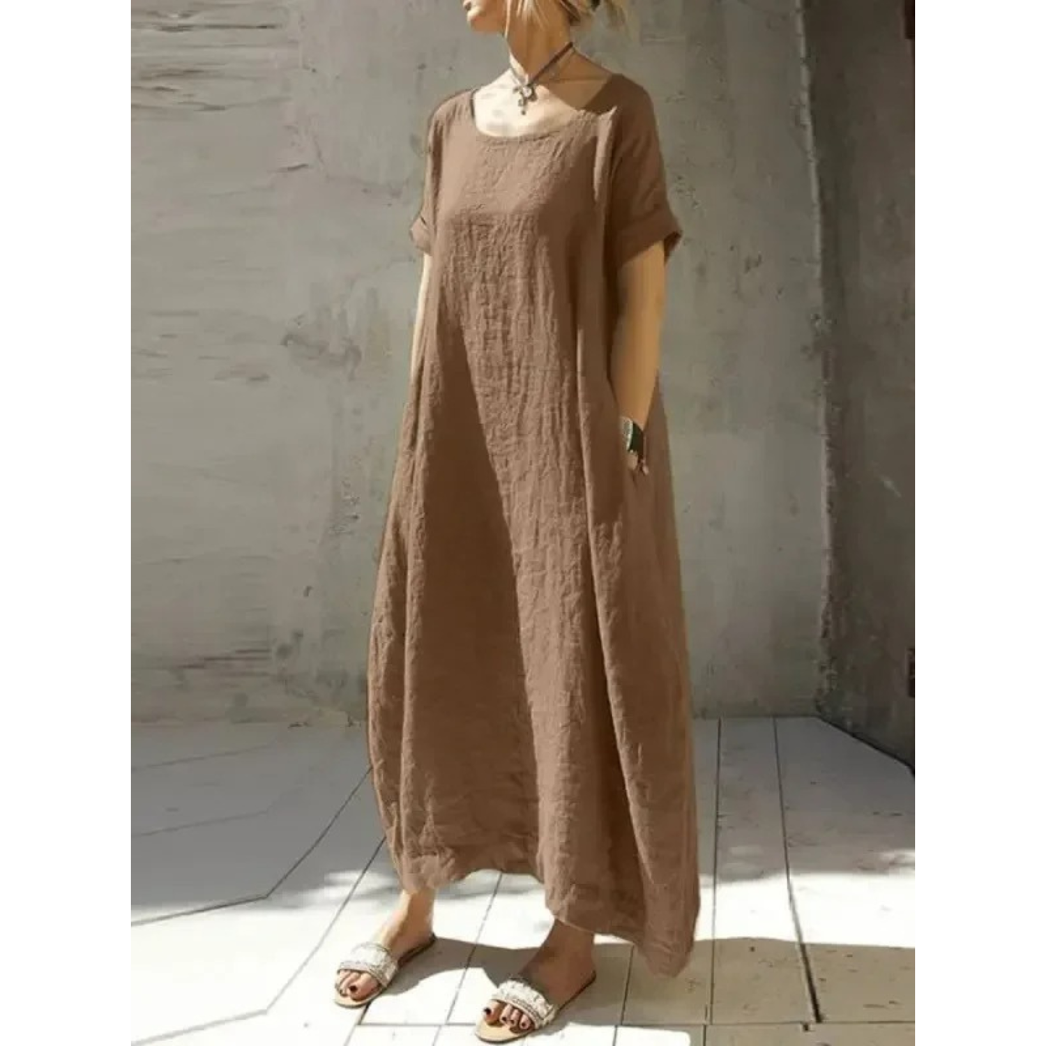Round Neck Short Sleeve Pocket Relaxed Cocoon Maxi Dress