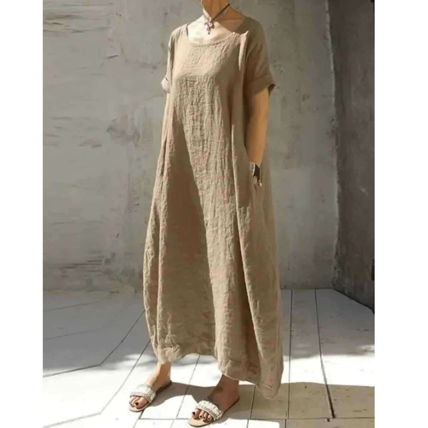 Round Neck Short Sleeve Pocket Relaxed Cocoon Maxi Dress