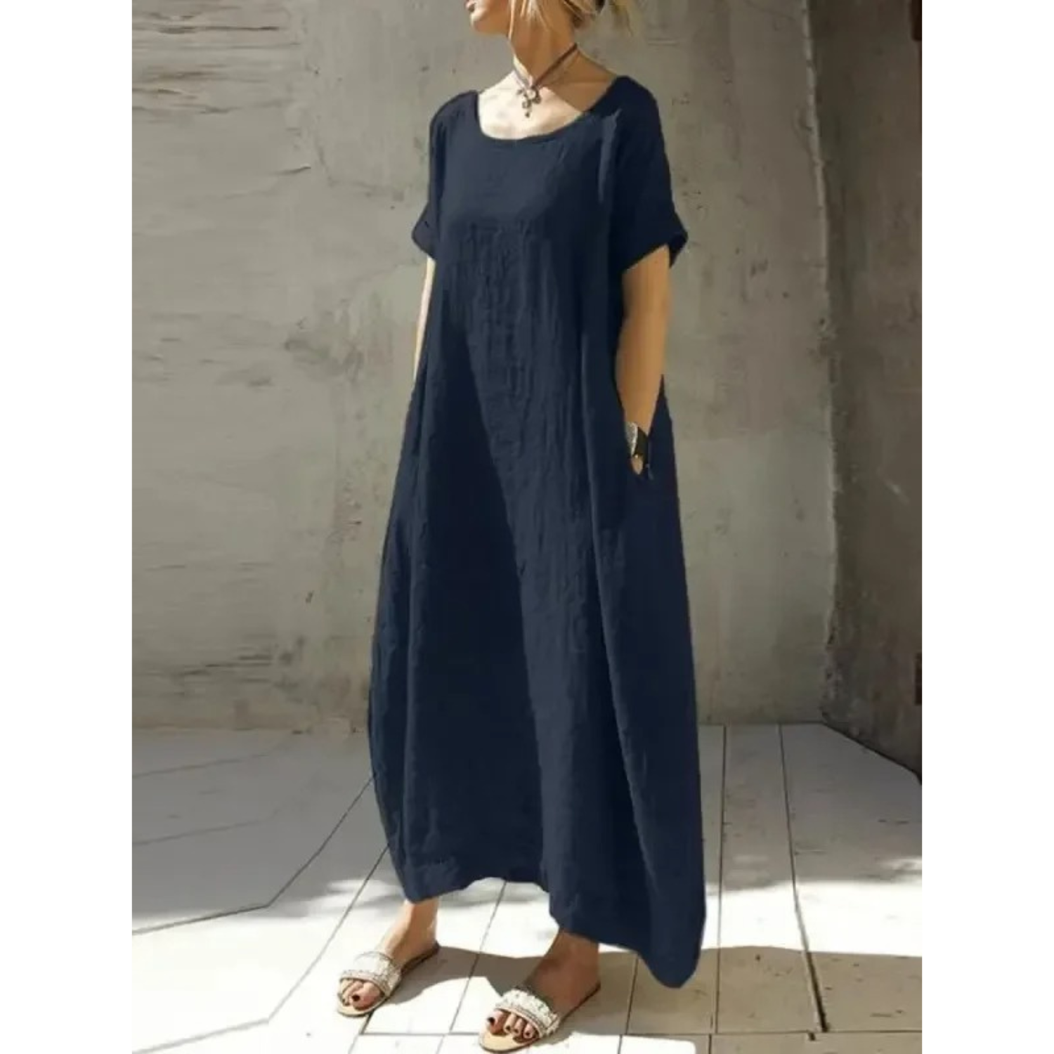 Round Neck Short Sleeve Pocket Relaxed Cocoon Maxi Dress