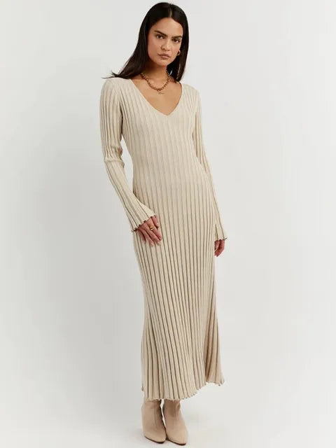 Inaki Chic Midi Dress with a Ribbed V-neck for Women Modern Outfit