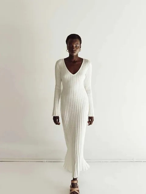 Inaki Chic Midi Dress with a Ribbed V-neck for Women Modern Outfit