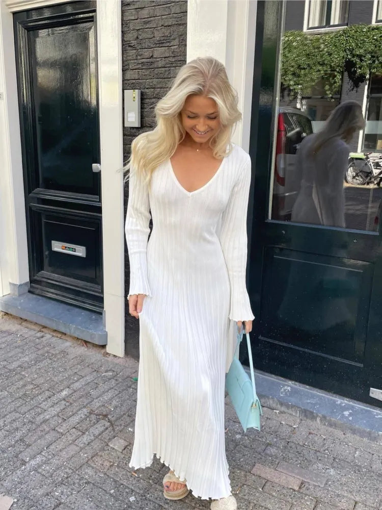 Inaki Chic Midi Dress with a Ribbed V-neck for Women Modern Outfit