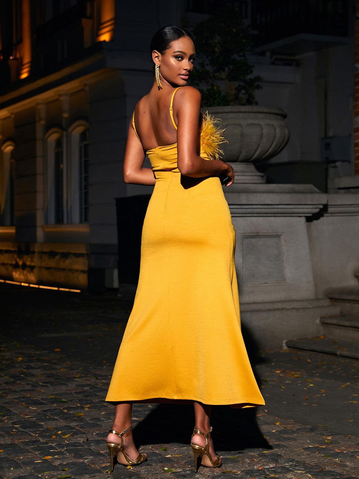 Spaghetti Strap Feather Trim Bodycon Maxi Dress