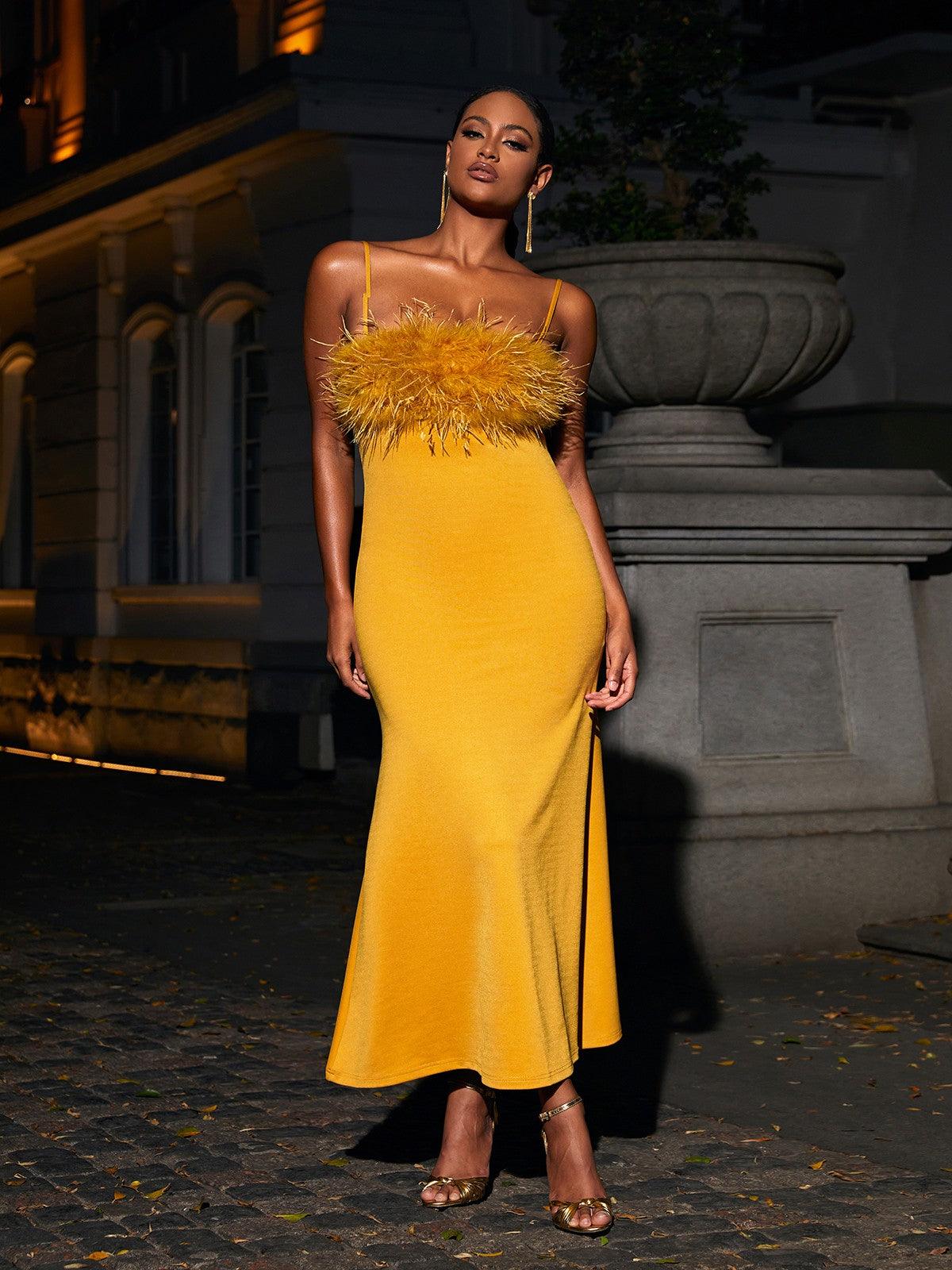 Spaghetti Strap Feather Trim Bodycon Maxi Dress