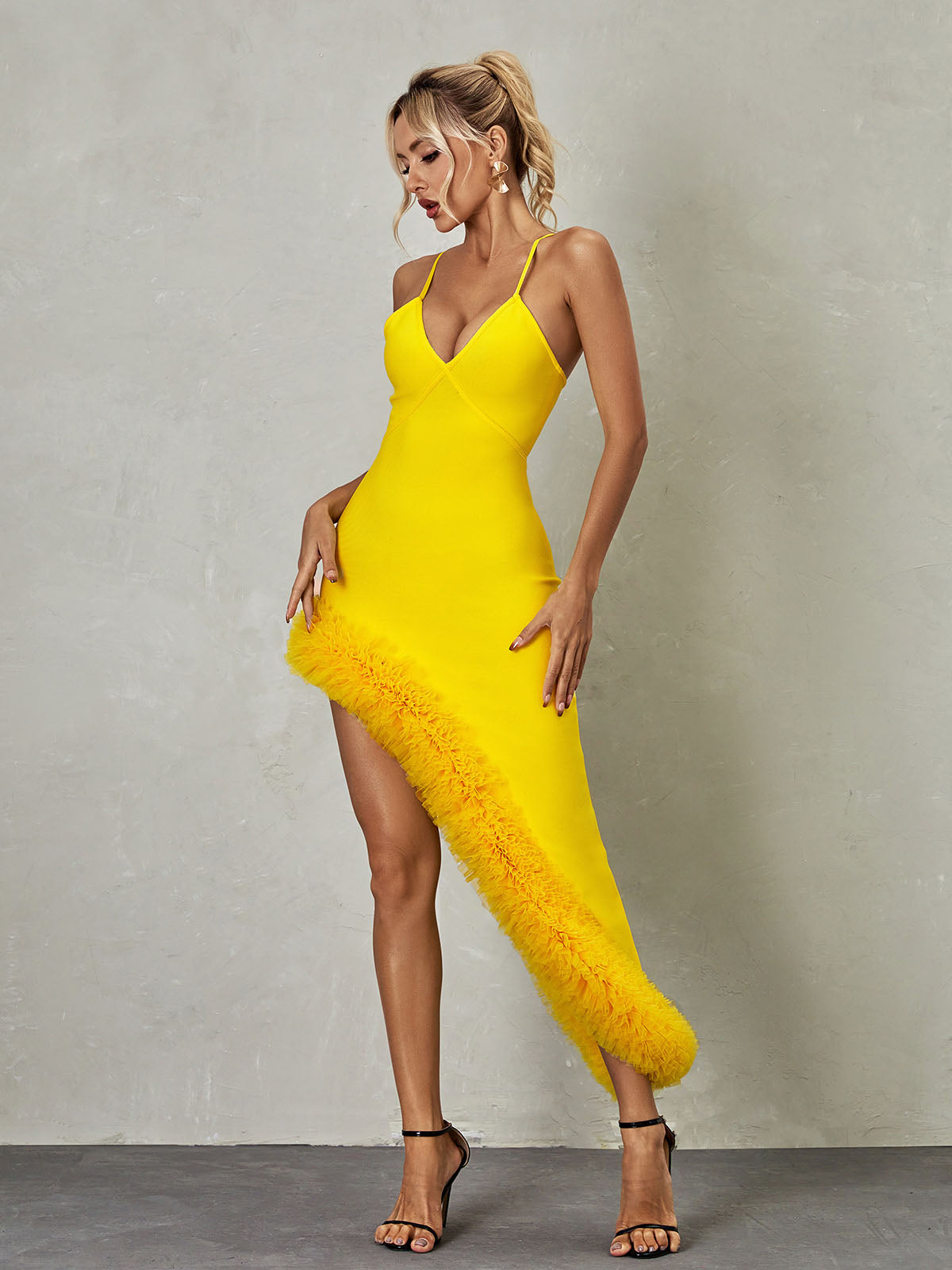 Spaghetti Strap Deep V-Neck Asymmetric Ruffle Bandage Midi Dress