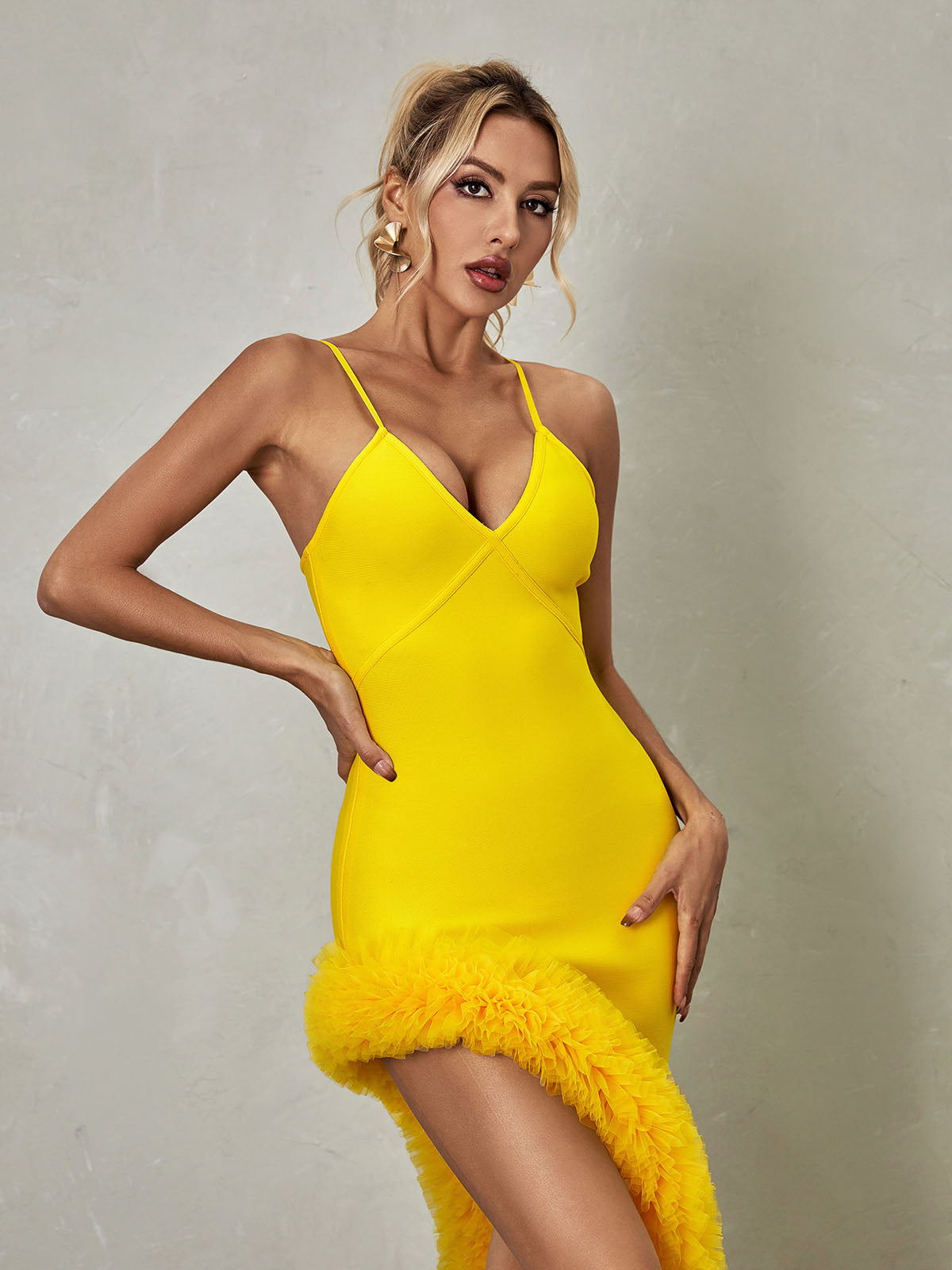 Spaghetti Strap Deep V-Neck Asymmetric Ruffle Bandage Midi Dress