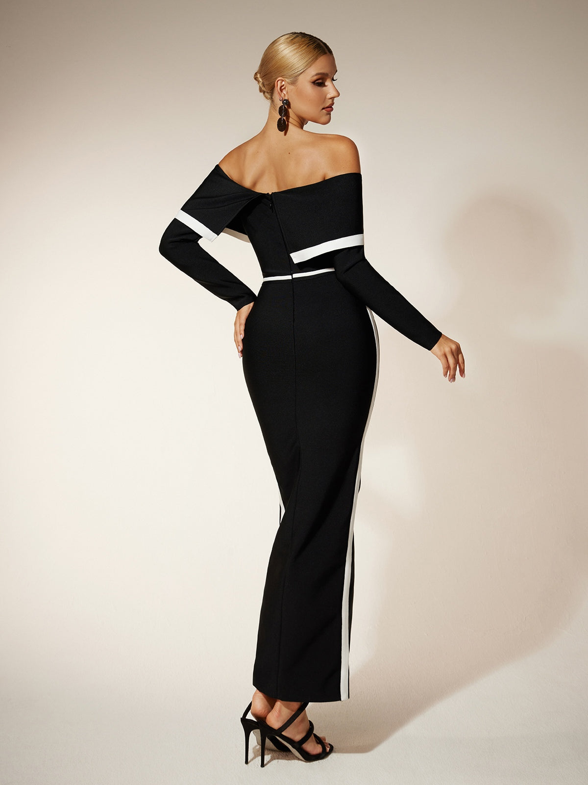 Off Shoulder Folded Collar Long Sleeve Bandage High Split Maxi Dress