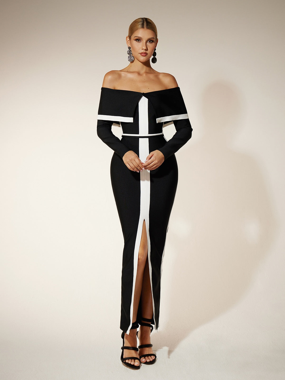 Off Shoulder Folded Collar Long Sleeve Bandage High Split Maxi Dress